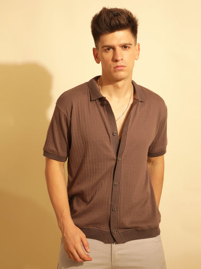 BROWN SELF TEXTURED KNITTED SHIRT