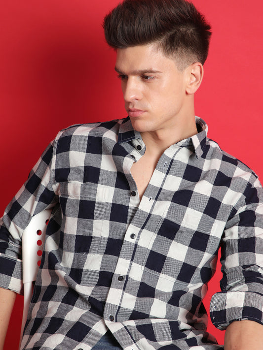 WHITE & BLUE CHECKED DOUBLE POCKET SHIRT