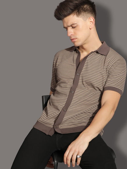 BROWN STRIPES KINTTED SHIRT
